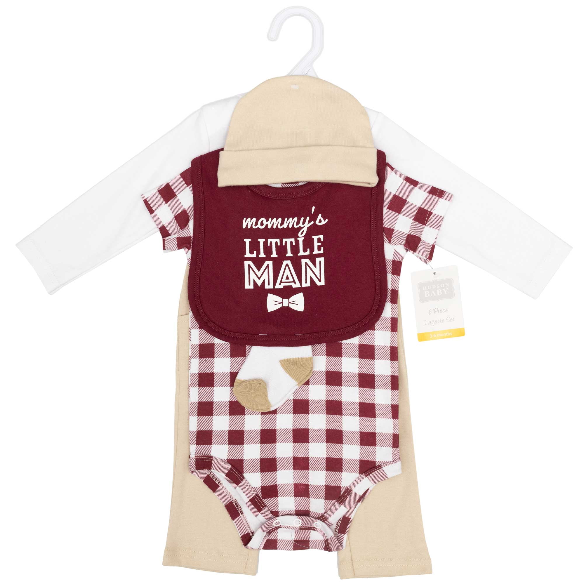 Hudson Baby Infant Boys Cotton Layette Set, Burgundy Tan Suspenders, 6-9 Months
