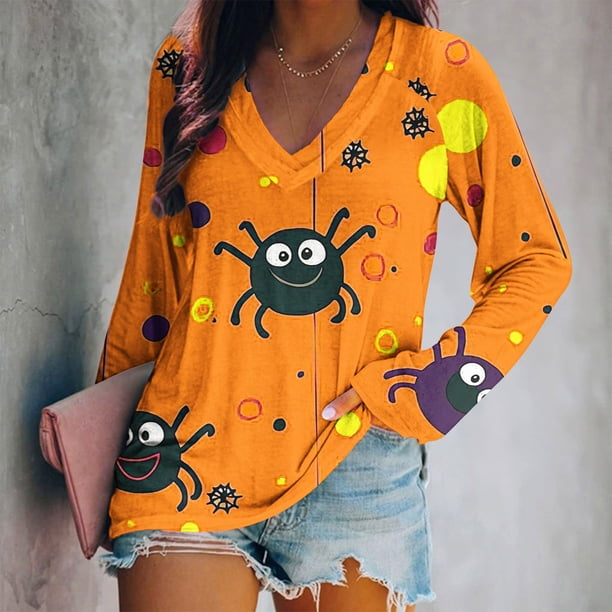Ailaofu Ladies Long Sleeve Halloween and Christmas Decorative Basic V-Neck Casual Shirt Fashion Tops