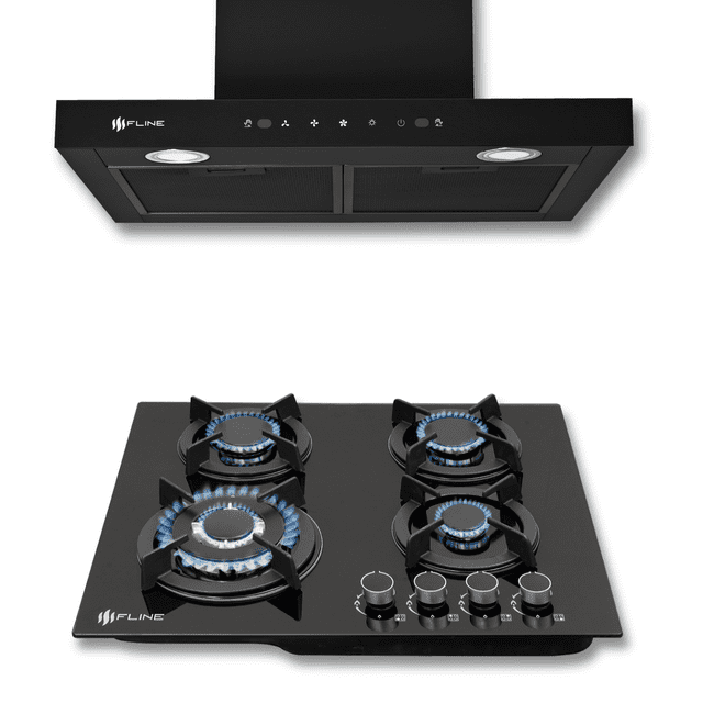 FLINE | Combo parrilla de gas y campana extractora 60 cm | Pared Tipo T | Negra | OS4NI60