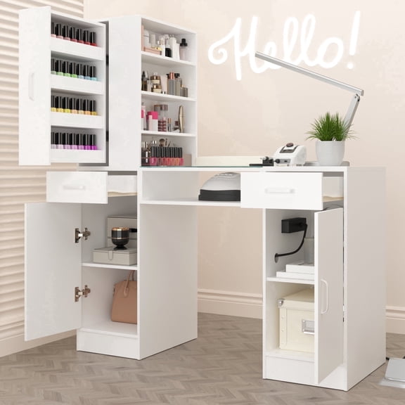 NAIYUFA 47 in Manicure Table with Glass Top, Power Outlets, Storage Cabinets and Wrist Rest, White