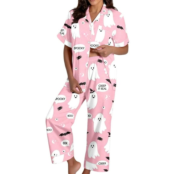 Likimi Halloween Pajamas For Women Set Lapel Button Down Hallowmas Ghost Print Short Sleeve Pjs Tops With Pants For Party Fashionable Homewear Pink Size L