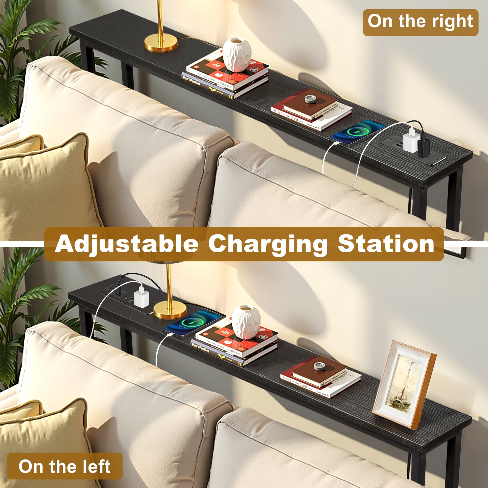 39.4" Narrow Console Sofa Table with Power Outlets and USB Ports, Skinny Couch Table with Metal Frame and Charge Station with 4.9ft Extension Cord, Black