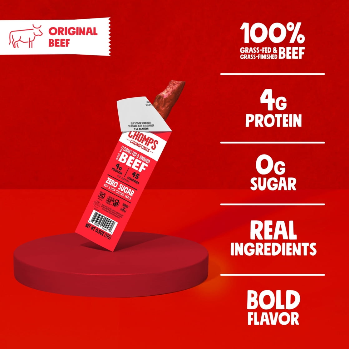 Chomplings Grass-Fed and Finished Original Beef Mini Jerky Snack Sticks, 4g of Protein (24 Count)