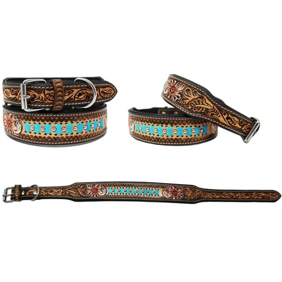Small 13''- 17''  Padded Leather Hand Crafted Tooled Dog Collar 60FK51