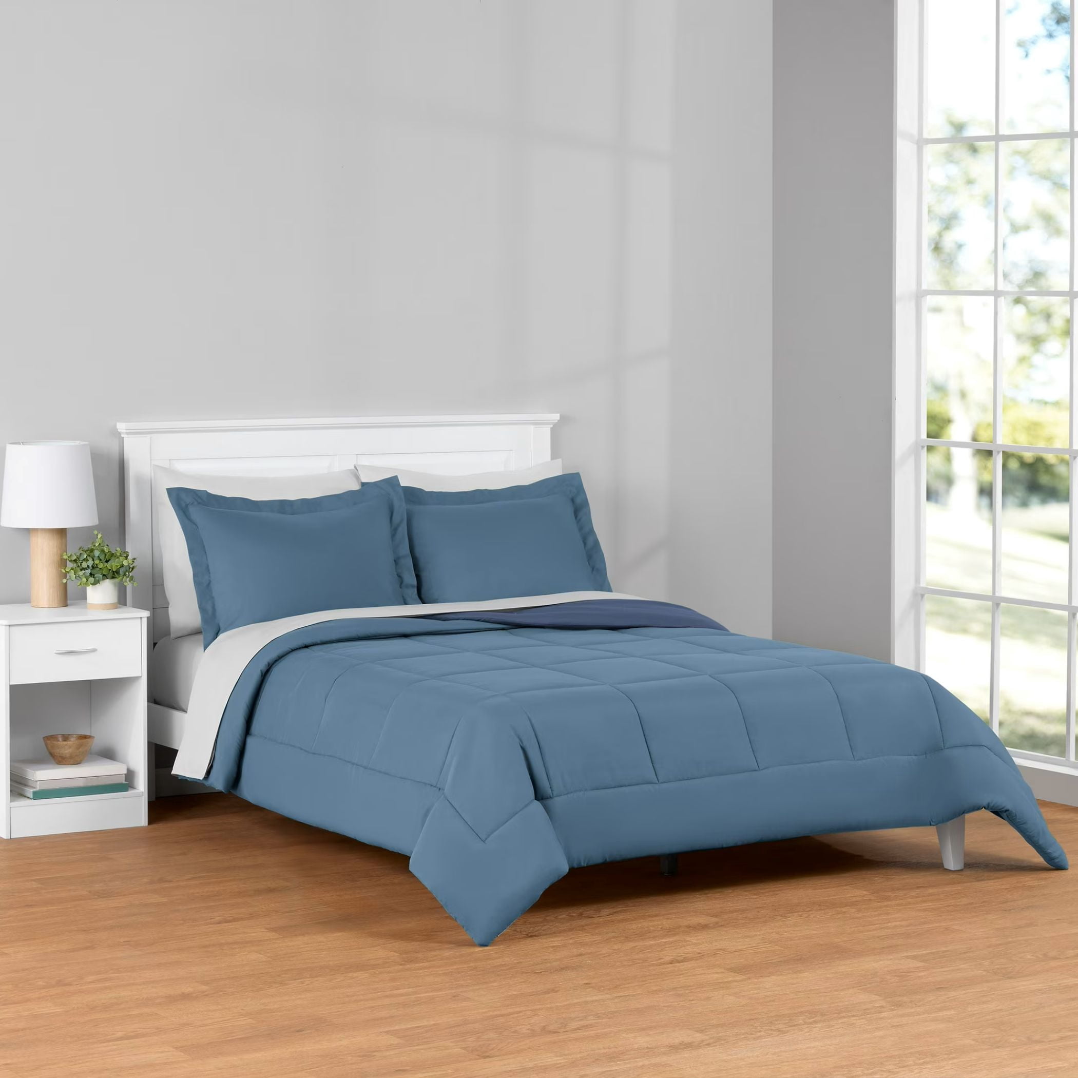Mainstays Reversible 7-Piece Comforter and Sheet Set, Full, Light Blue