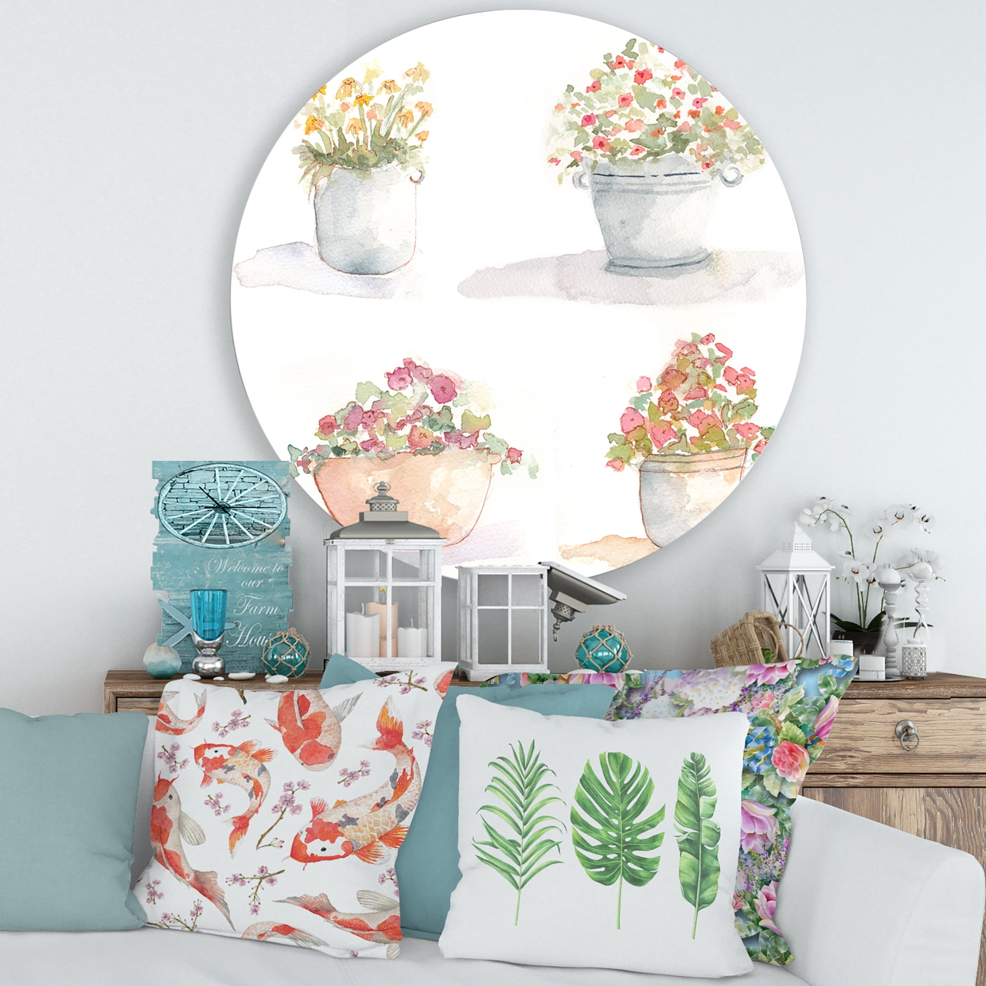 Designart 'Abstract Four Outdoor Flower Pots' Traditional Circle Metal Wall Art 36x36 - Disc of 36