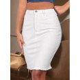 thumbnail image 2 of Womens White Fitted Denim Mini Skirt With Raw Hem And Button Front, 2 of 30