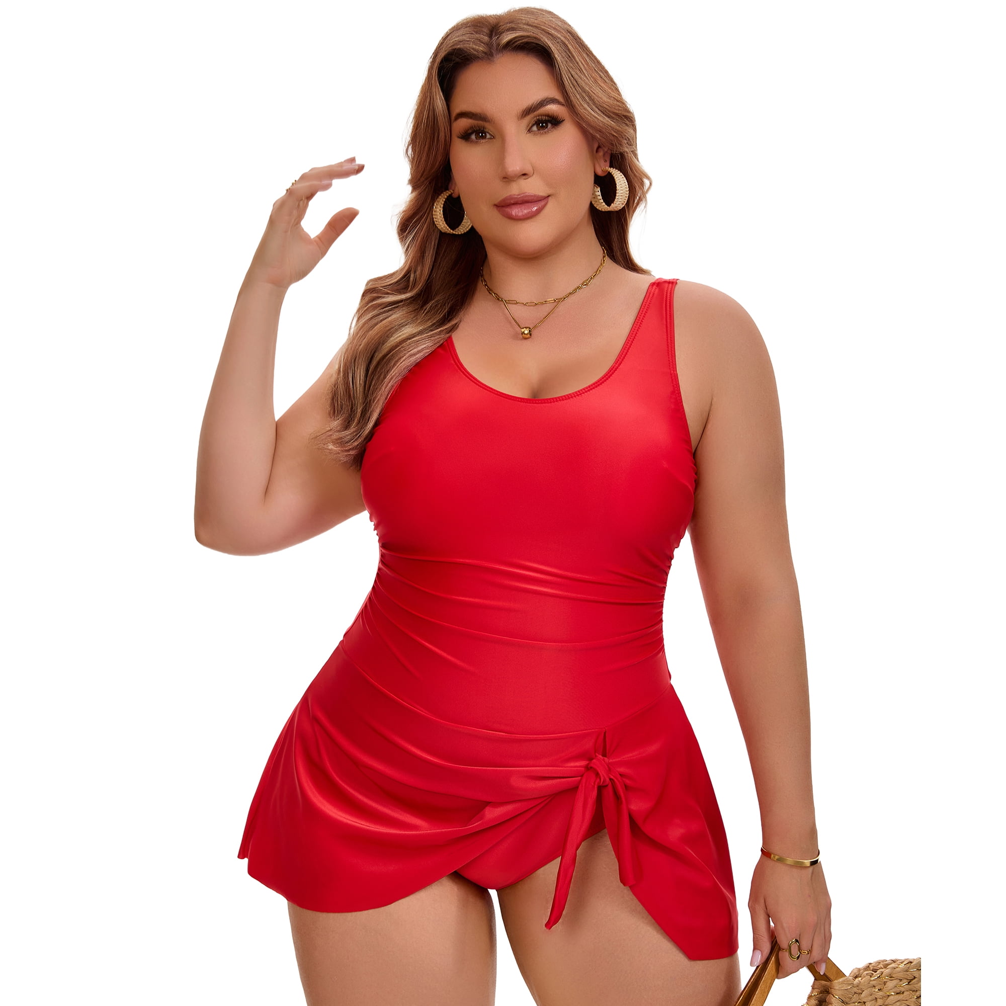 DARING DIVA Women's Plus Tummy Control Beach Vacation Swimdress L Red
