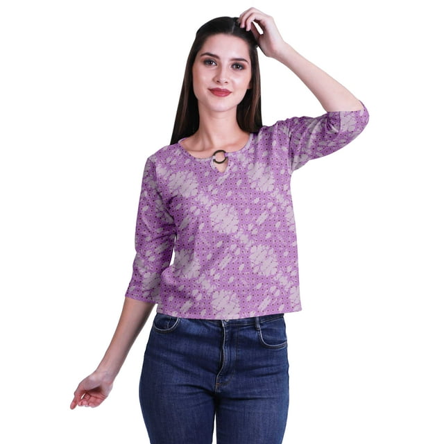 Moomaya Printed Keyhole Neck Ring Top Casual 3/4th Sleeve Tees Tank Tunic Top