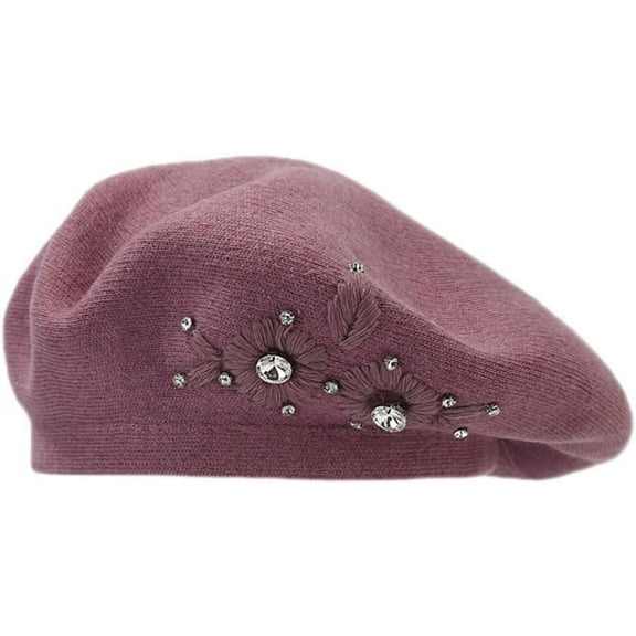 LinYooLi Women Embroidered Flower Bling Rhinestone Classic French Beret Hat