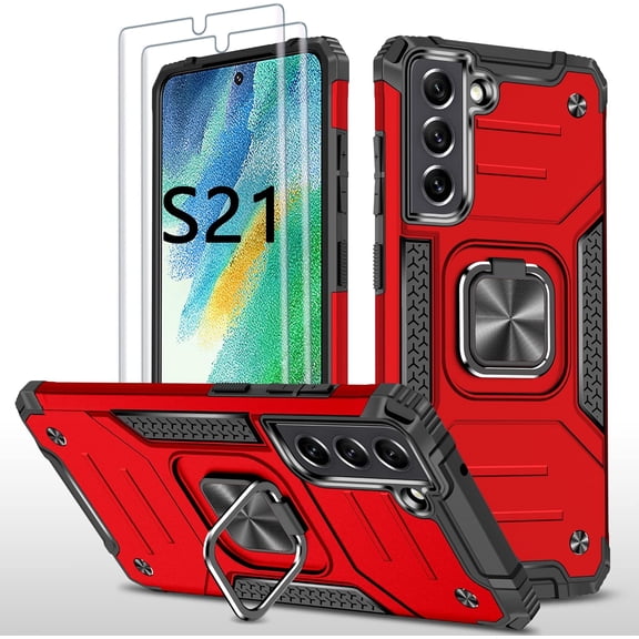 for Galaxy S21 Case, S21 Case with Self Healing Flexible TPU Screen Protector [2 Pack], Military Grade Double Shockproof with Kickstand Protective Case for Samsung Galaxy S21 5G-Red