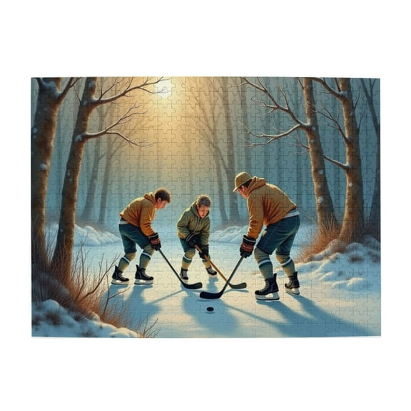 500 Piece Jigsaw Puzzle For Adults – Winter Hockey Game On Frozen Pond Forest Three Players Sticks Ice – Challenging & Fun Activity Great Gift Home Décor 20.5X15In