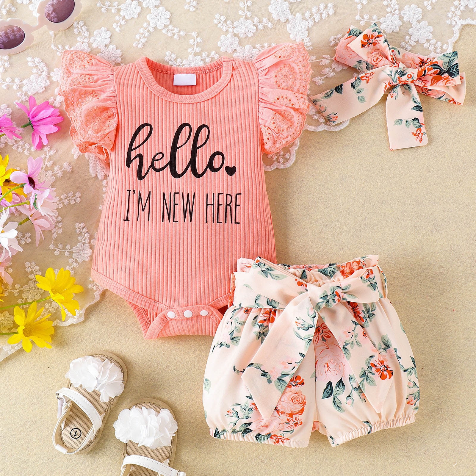 Big Kid Girl Clothing Size 8 Girls Clothes Toddler Girls Summer Short Sleeve Floral Prints Tops Romper and Shorts 3PCS Outfits Girls Clothes Pink 0 3