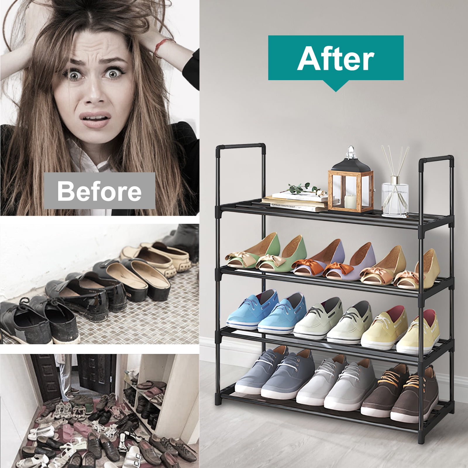 Fiuion Shoe Rack Multi-tier Metal Shoe Racks 12 Pairs Shoe Organizer Storage Freestanding Stainless Steel Shoe Shelf for Closet, Hallway, Entryway, Black, 3-Tier, 31.5in