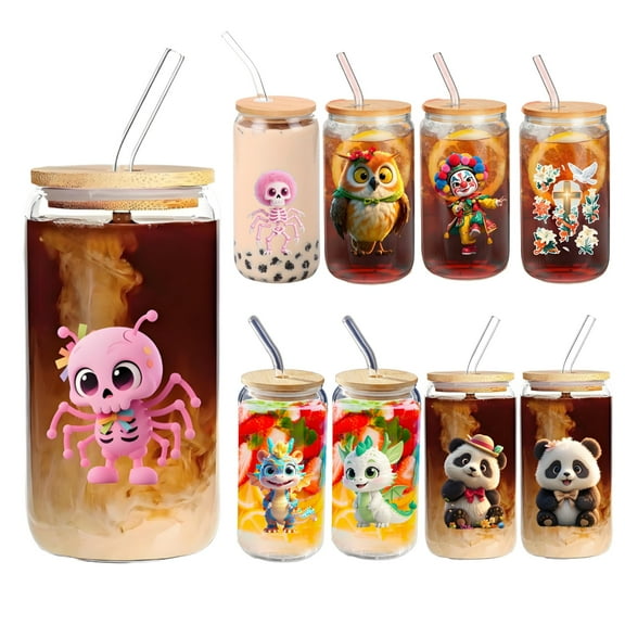 16oz Glass Cup with  Bamboo Lid and Glass Straw with Cute Design