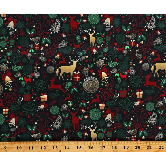 Cotton Christmas Woodland Deer Presents Gifts Winter Holidays Red/Green/Gold on Black Cotton Fabric Print by the Yard (113200)