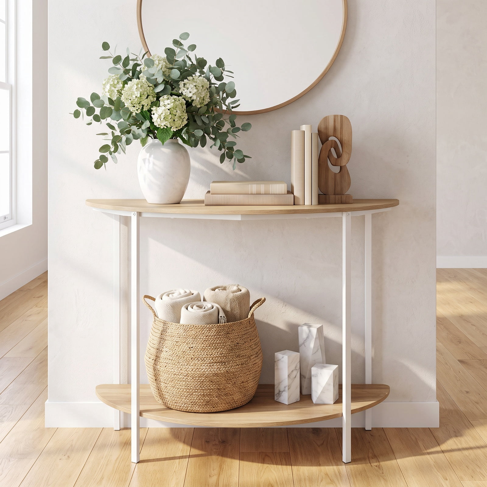 Furnibear Half Moon Console Table 40 Inch 2 Tier Entryway Table with Storage Shelf and Metal Frame for Foyer Hallway and Living Room, Oak