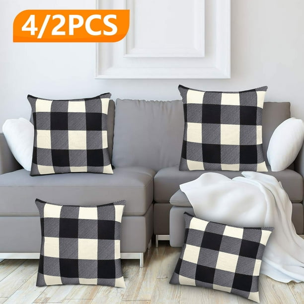 Farmhouse Decor Pillow Covers 18 X18 Black White Buffalo Checd Plaid Throw Set Of 4 2 Tartan Linen Soft Cushion For Home Sofa Couch Decoration Outdoor Camping Com - Black And White Check Patio Chairs With Cushions