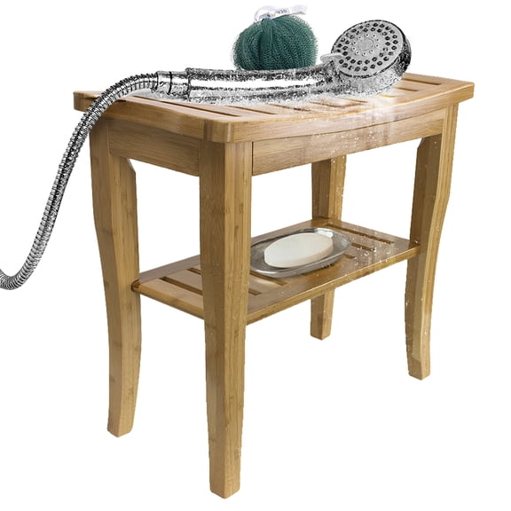 Sorbus Bamboo Shower Bench Stool with Shelf, 2-Tier Bathroom Bath Seat Storage Chair