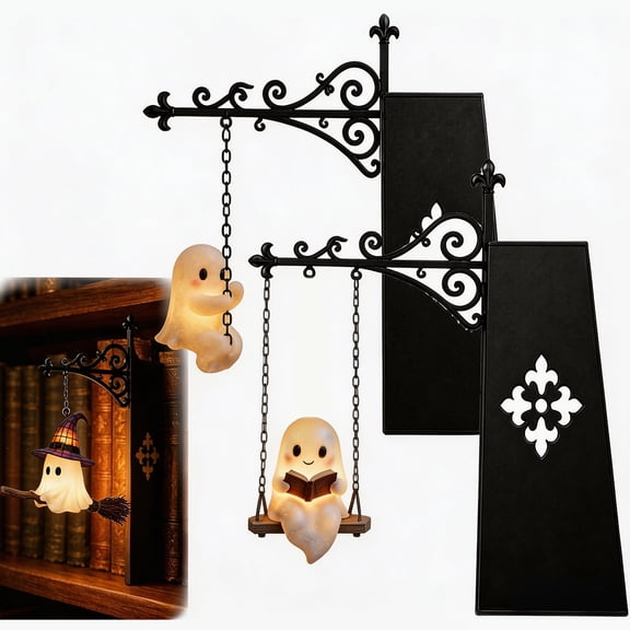 3-in-1 Ghost Bookshelf Lantern, Interchangeable Library Mini Bookshelf Lamp, Little Cute Ghost Hanging Resin Lighting, Miniature Halloween Reading Book LED Nightlight
