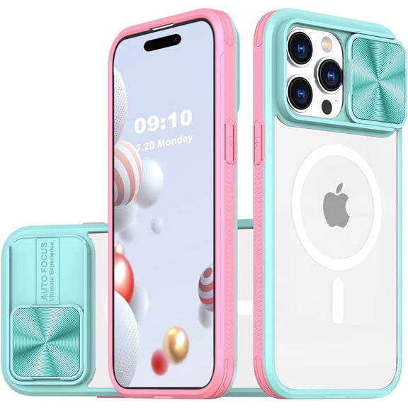 Clear Case Compatible with iPhone 14 Pro MagSafe with Sliding Camera Cover Protector, [Strong Magnets][Anti Yellow] Transparent Back Soft TPU Frame, for iPhone 14 Pro 6.1" (PInk Teal)