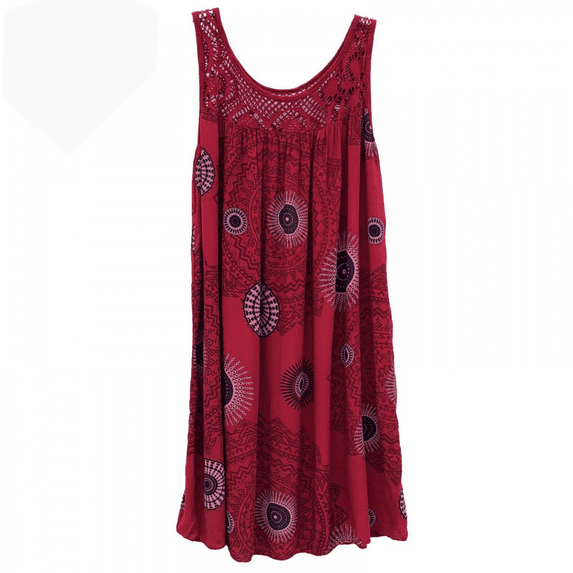 SHEOWO Women's Plus Size Sleeveless Swing Mini Dresses Summer Beach A Line Sundress Lace Printed Sleeveless Big Swing Red S
