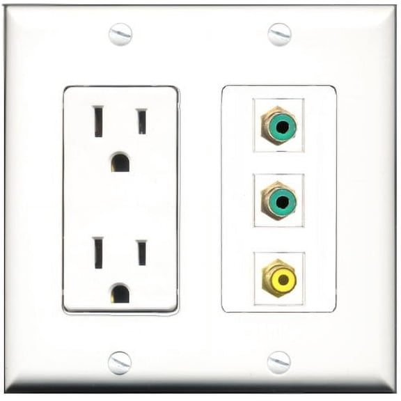 RiteAV - 15 Amp Power Outlet 1 Port RCA Yellow 2 Port RCA Green Decorative Wall Plate