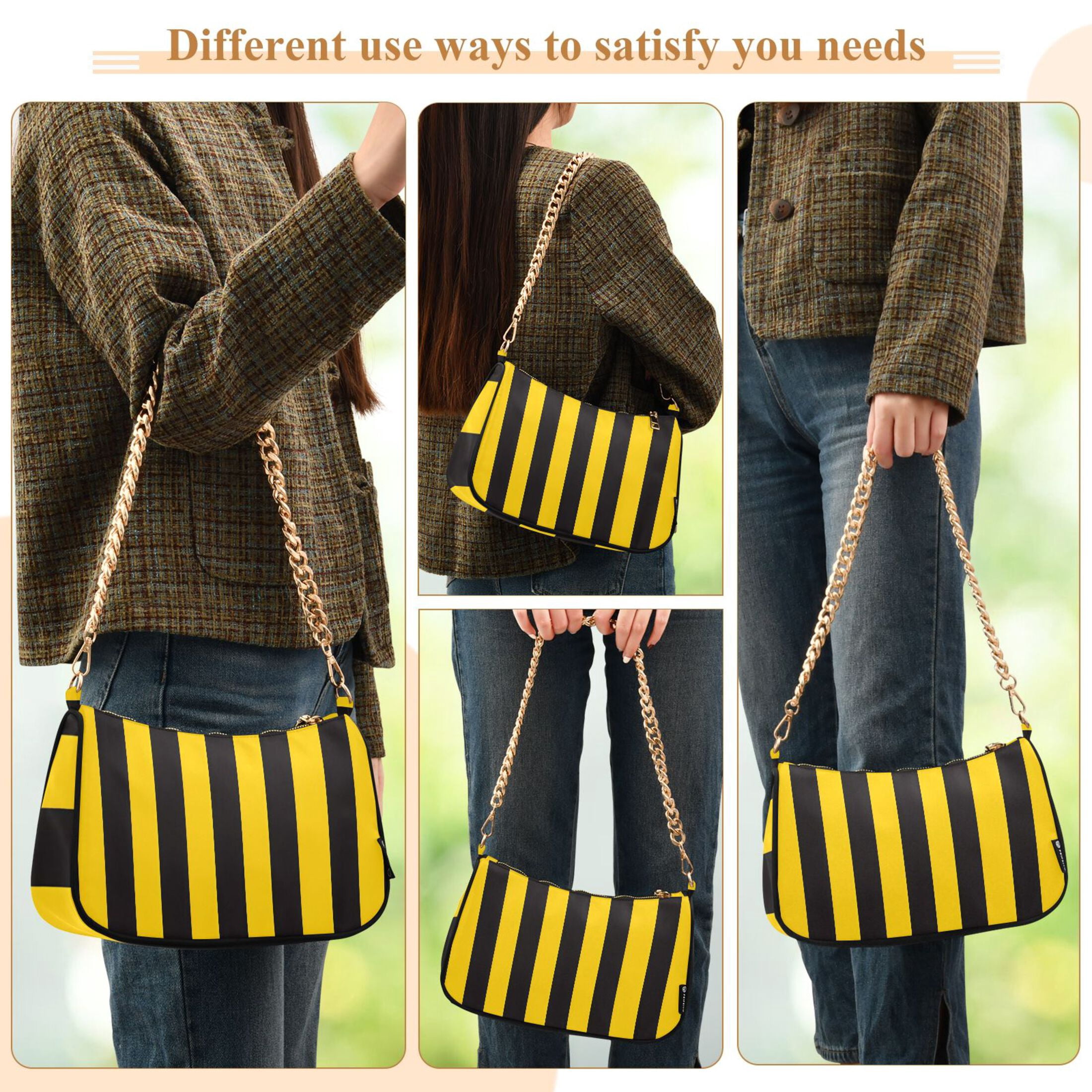 Ryvnso Yellow Stripes Line Pattern Womens Chain Shoulder Bag Tote Handbags Clutch Hobo Purse with Zipper for Travel