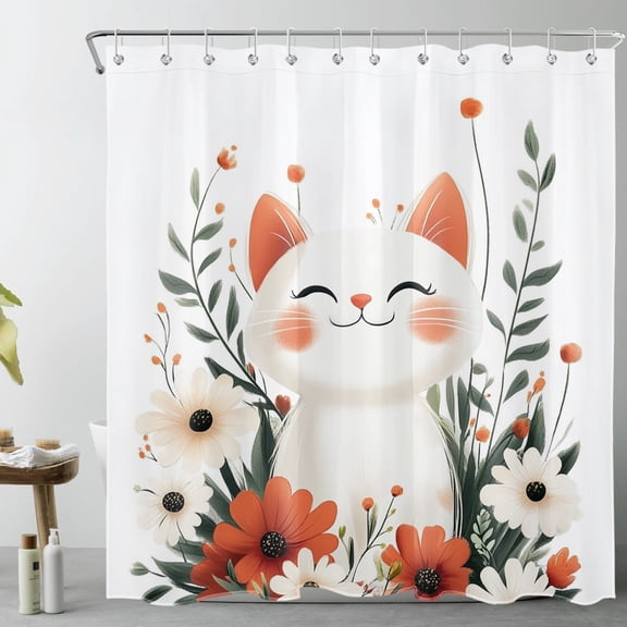 HVEST Cute Cat Floral Shower Curtain with Cute Cat and Wildflower Botanical Design - Rustic Garden Bathroom Decor, Waterproof Polyester Fabric, Includes 12 Hooks, 72x72 Inches