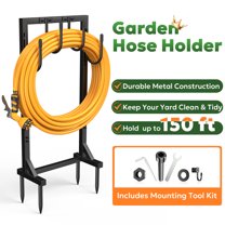 Garden Hose Holder Freestanding, Detachable Heavy Duty Metal Hose Stand with 6 Hooks, Water Hose Reel Rack Organizer