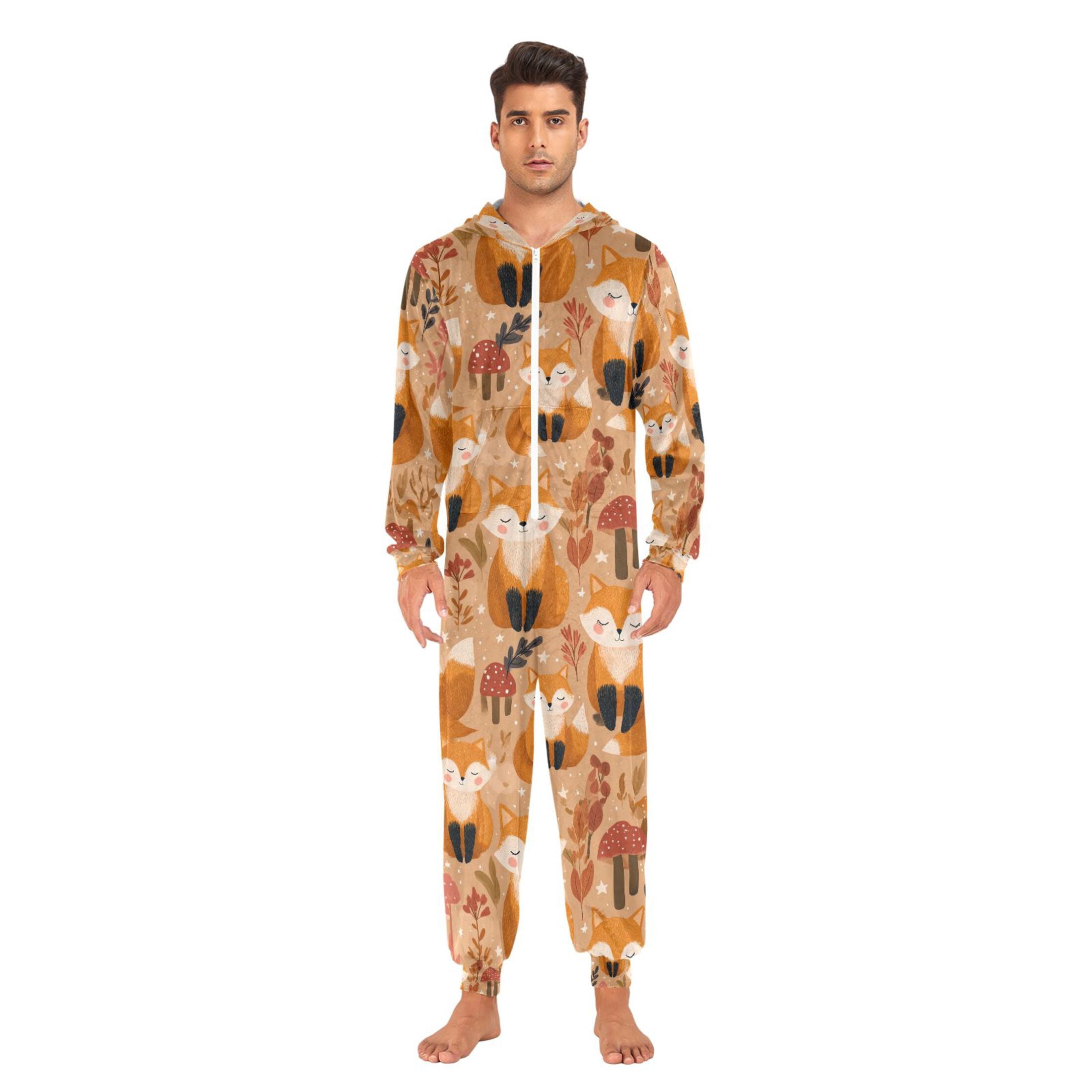 Adult Christmas Onesie Cute Cartoon Fox Adult Zipper One-Piece Pajamas Unisex Pajamas with Pockets