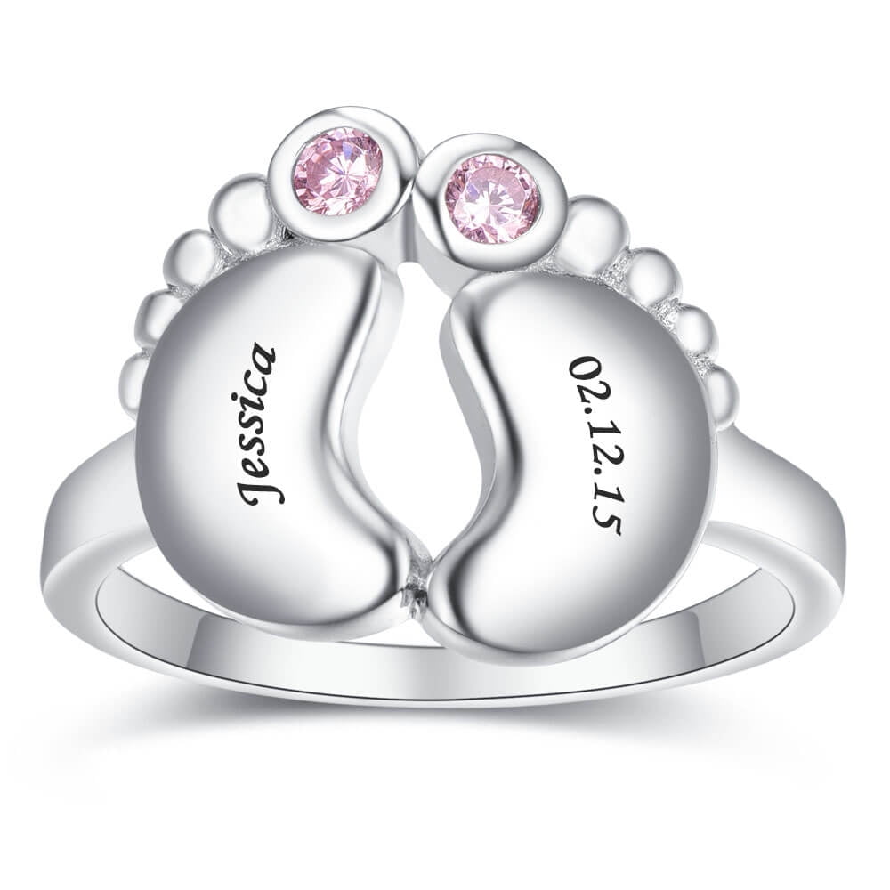 JQUEEN Women's Personalized 925 Sterling Silver Promise Rings with 2 Simulated Birthstones Name Rings for Couples Mothers Size 5-12
