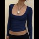 thumbnail image 4 of Camisas de Larga para Mujer, Tops Cortos, Moda de Otoño 2025, Cuello Cuadrado, Camisetas Básicas para Salir, Ropa Y2K Azul Marino S, 4 of 7