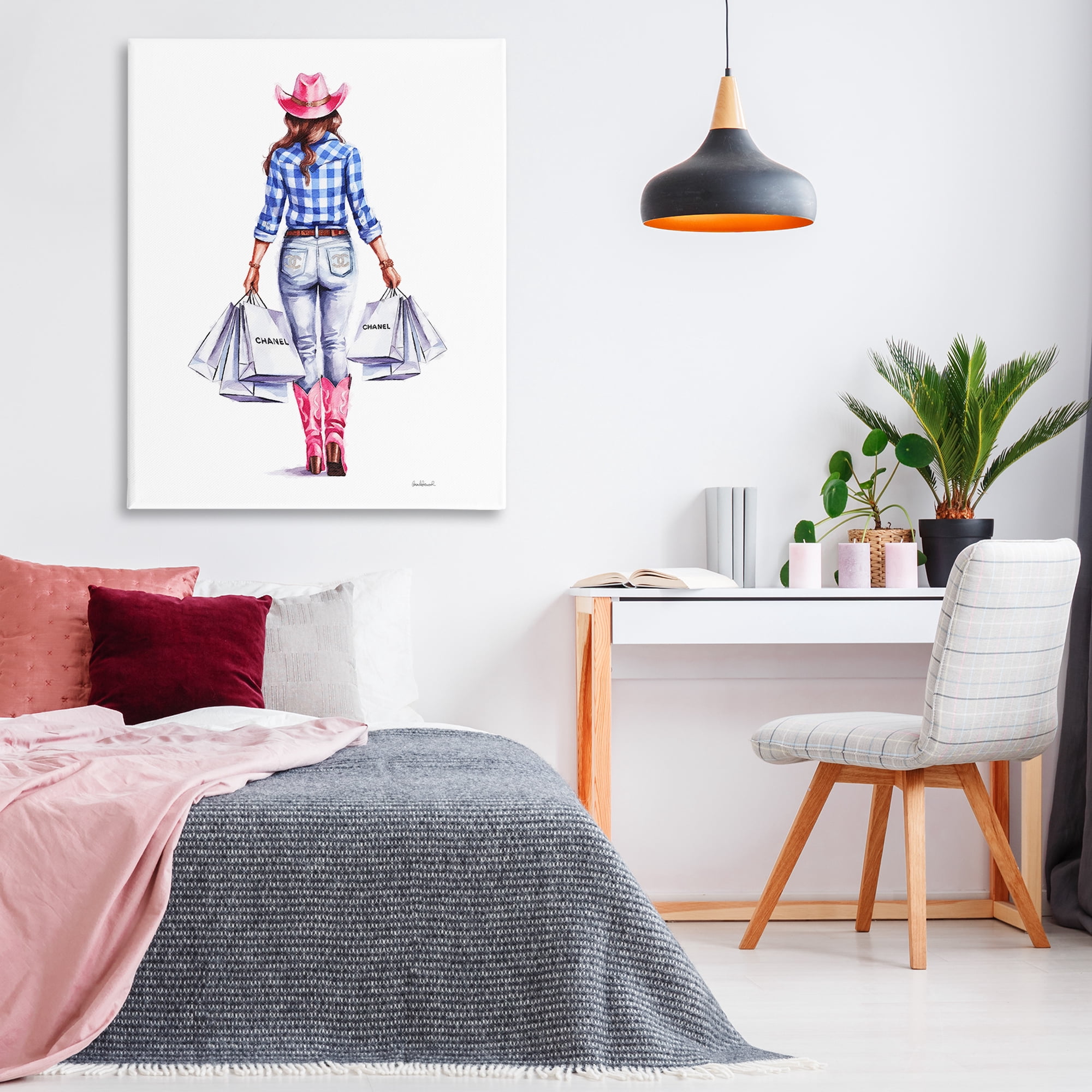 Stupell Industries Cowgirl & Shopping Bags People Painting Wrapped Canvas Art Print Wall Art, 36 x 48
