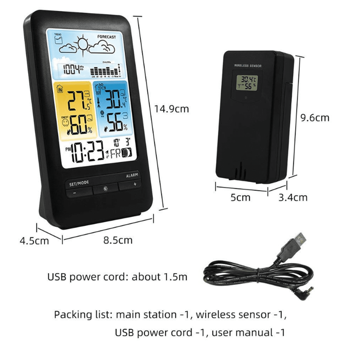 Wireless Digital Display Weather Station Thermometer, Temperature and Humidity Alarm Clock, Weather Forecast Sensor