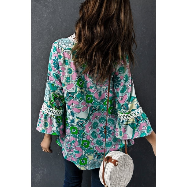 ABPHQTO Blusa de mujer con cuello de pico en contraste de encaje con estampado tribal azul cielo