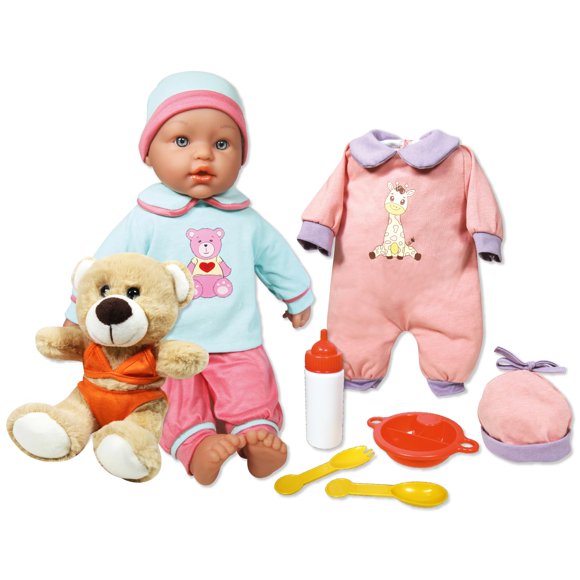 Lissi: Poupée Bébé Billie & Petit Ours - 15 Pouces" Bleu & Rose - Ensemble de 8 Pcs avec Ours en Peluche, Tenue Supplémentaire, Accessoires Alimentaires, Jeu de Simulation Enfants 2+