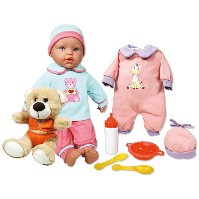 Lissi: Baby Doll Billie & Little Bear - 15"" azul y rosa - Juego de 8 piezas con osito de peluche Traje adicional Accesorios de comida Juego de simulación para niños a partir de 2 años