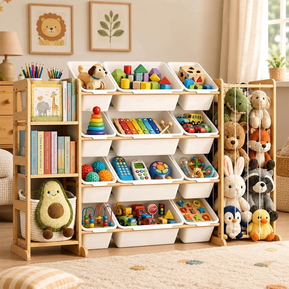 DQQKMM 3-in-1 Toy Storage Organizer with 12 Bins & Bookshelf, Stuffed Animal Holder Wooden Rack for Playroom Bedroom, White