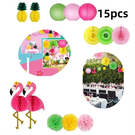 Tropical Party Decor, Flamingo & Pineapple Luau Party Supplies Set | Hawaiian Themed Honeycomb Balls, Paper Lanterns, Fans for Birthday Decorations