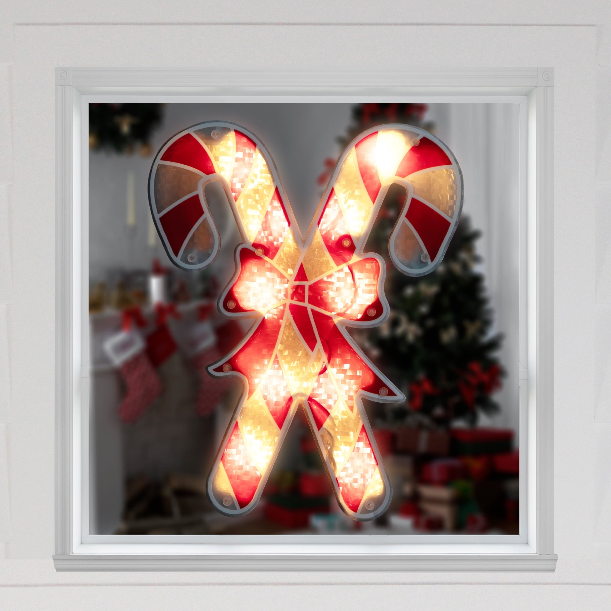 Northlight 12¨ Lighted Holographic Candy Cane Christmas Window Silhouette Decoration, Red