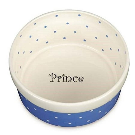 50's Style Ceramic Polka Dot Dishes for Dogs & Cats Prince Princess Food Bowls(7 Inch Blue Round Dog