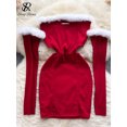 thumbnail image 1 of SINGREINY, vestido Sexy de estilo navideño para mujer, empalme de plumas sin tirantes con diseño de manga larga, Vestido corto elegante a la moda calado, 1 of 6