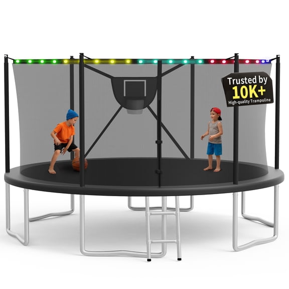 KOFUN Trampoline 16FT with Basketball Hoop for Kids and Adults, Capacity 1500LBS, Outdoor Backyard Trampoline with Enclosure Net, Ladder, Light, Black