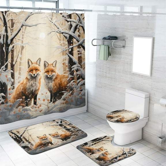 Fox 4 Pcs Shower Curtain Set Wild Animal Forest Pine Trees Snow Winter Bath Curtain for Bathroom Waterproof Fabric Bathroom Decor Set, 72x72 Inch