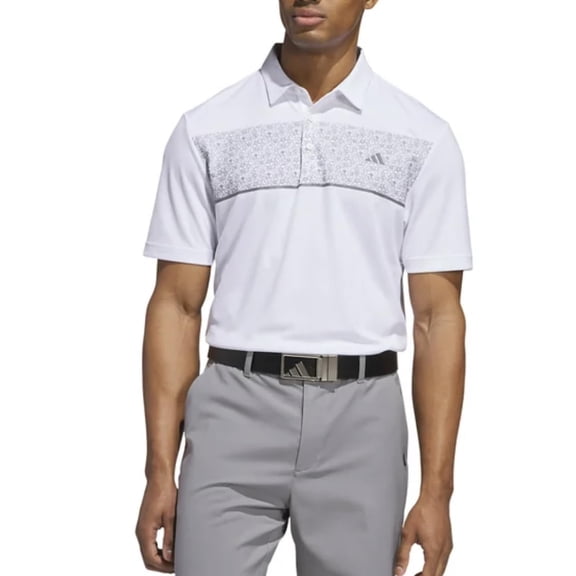 adidas Men's Stretch Short Sleeve Chest Print Golf Polo Shirt (Large, White)