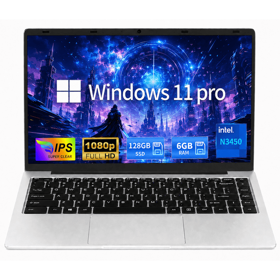 14.1" Laptop Computer, Intel Celeron N3450, 6GB RAM, 128GB SSD, Full HD Display, Ultra-Slim Notebook with WiFi, HDMI and Webcam, Silver