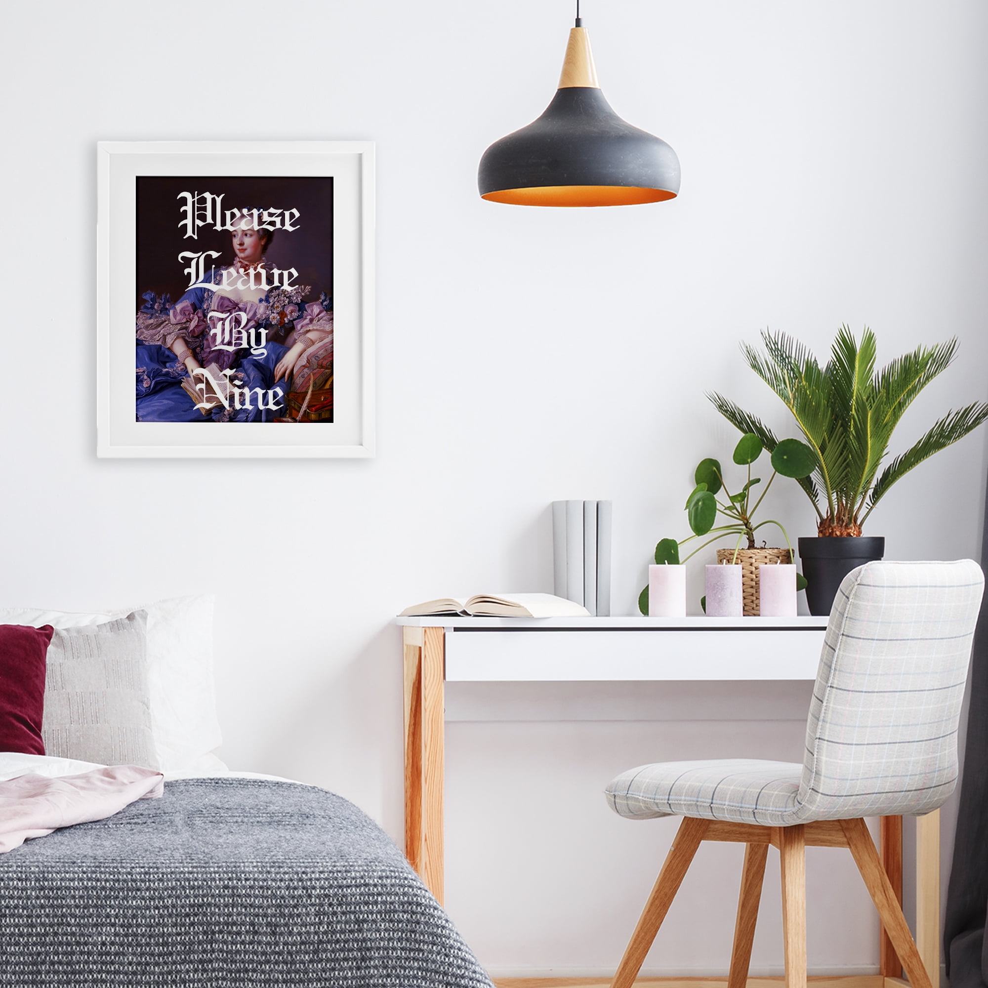Please Leave By Nine White Framed Print Under Glass, design by Lil' Rue