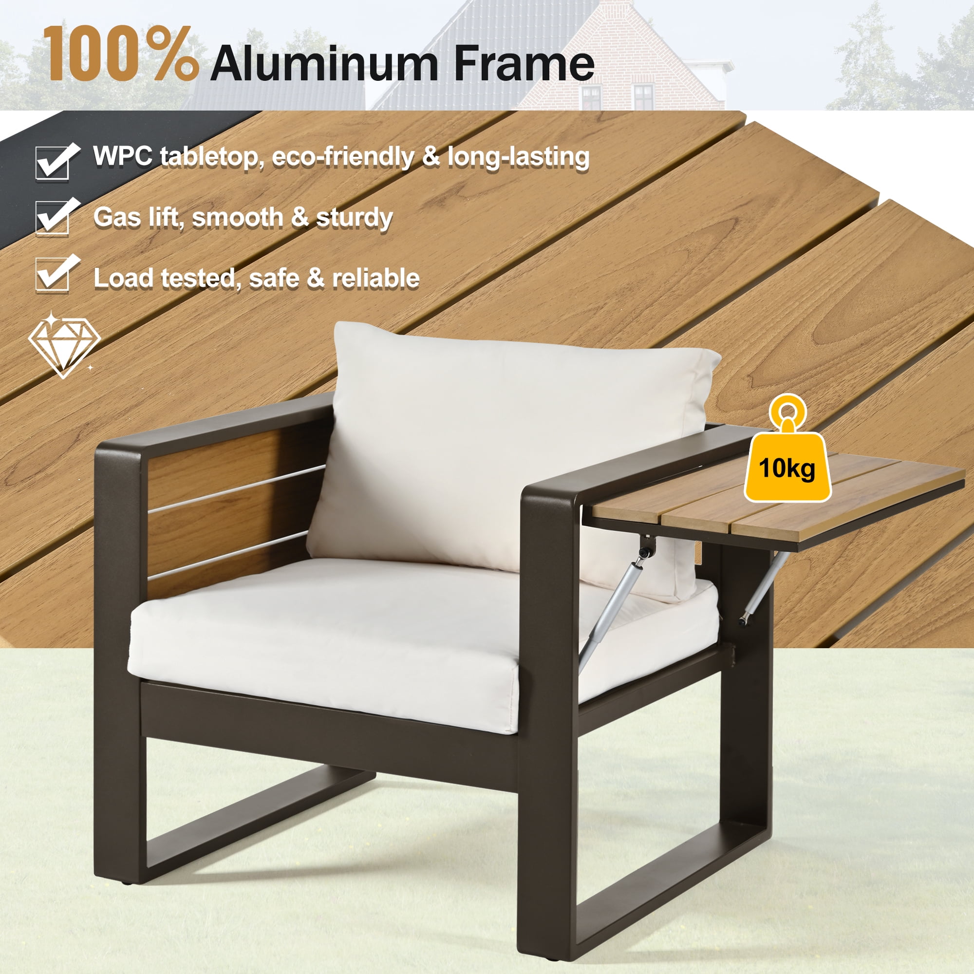 Mintazer 4-Piece Aluminum Patio Conversation Set with Tables & Sofa and 2 Armchairs, Modern Outdoor Furniture Set with Cushions for Patio Garden Balcony Backyard, Beige & Natural