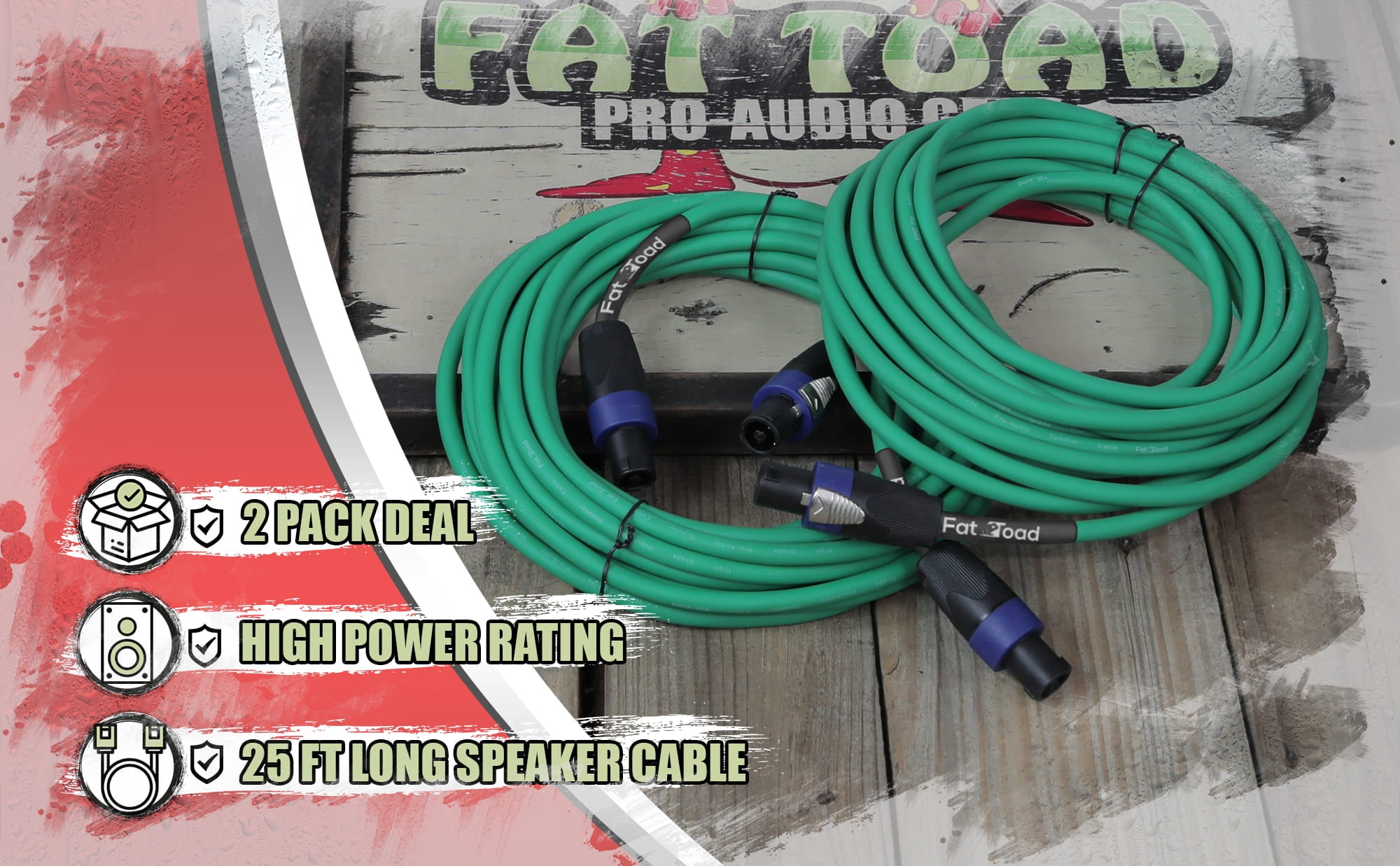 Speakon to Speakon Cables (2 Pack) by Fat Toad 25ft Professional DJ Pro Audio Green Speaker PA Cord with Twist Lock Connector 12 AWG Wire for Impeccable Studio Recording & Stage Performance Gear